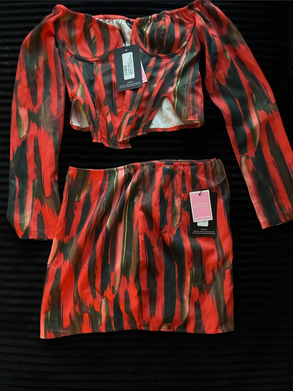 Womens Red & Green Long-Sleeve Crop Top and Mini Skirt Set